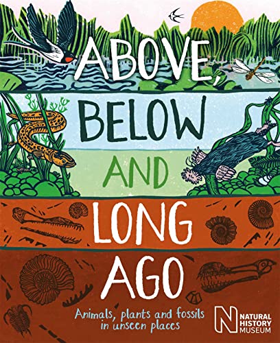 Book cover: "Above, Below and Long Ago" with animal and fossil illustrations.