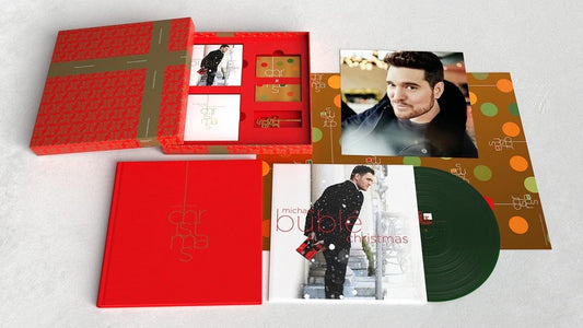 Michael Bublé Christmas vinyl record and accessories displayed on a white background.