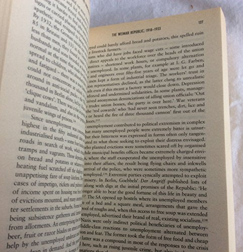 Open book displaying dense text about the Weimar Republic and Third Reich.