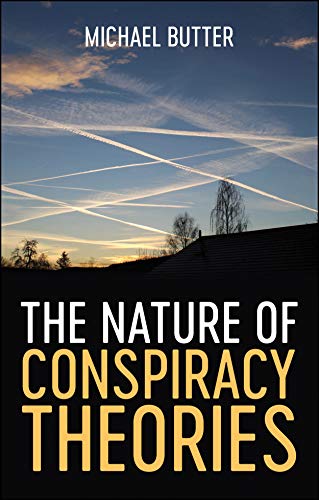 Book cover with sky trails and bold title: "The Nature of Conspiracy Theories".