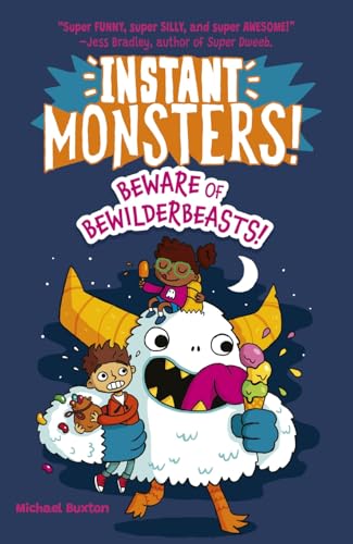 A large white monster holds a boy and an ice cream cone while another child sits atop its head.