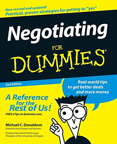 Book cover: "Negotiating For Dummies," 2nd Edition, with cartoon illustration.