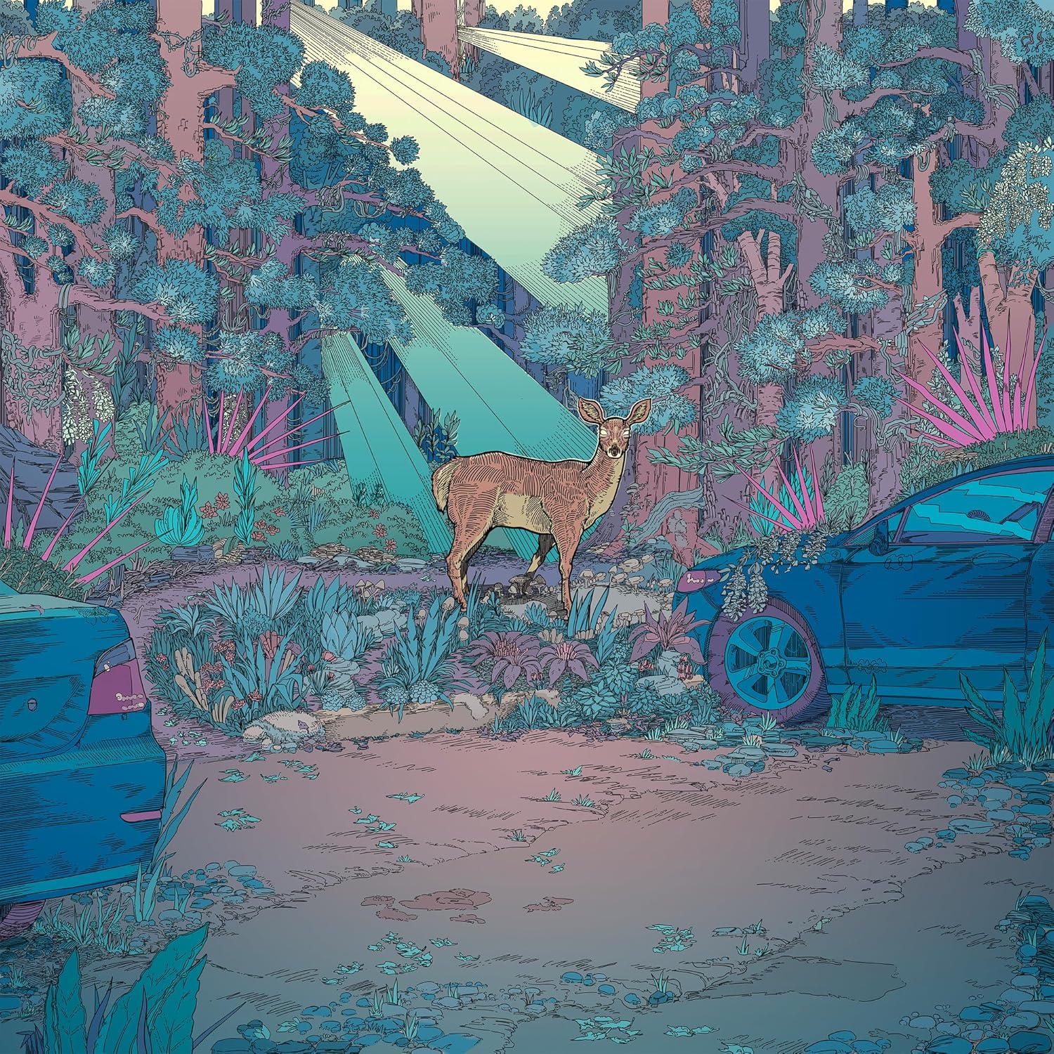 Illustration of a deer standing near cars in a stylized forest.