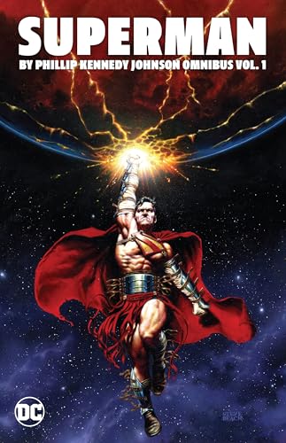 Superman flies upward, illuminated, against a cosmic background; DC Comics logo.