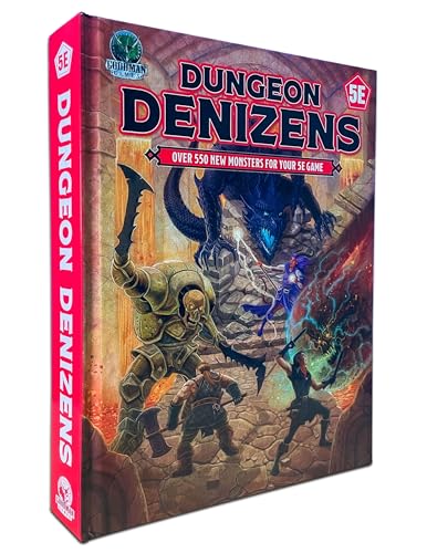 Dungeon Denizens" book cover featuring fantasy monsters and adventurers.
