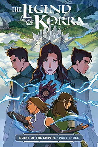 Korra and friends stand before a futuristic city, energy swirling around them.