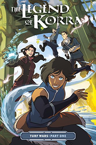Korra and friends in action pose, comic book cover art.