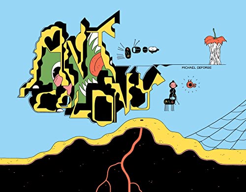 Illustration of an ant colony with ants, plants, and a stylized landscape.
