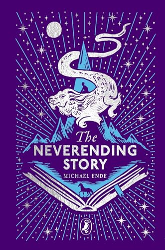 Book cover for "The Neverending Story" featuring a lion and open book.