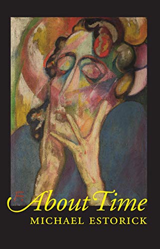 Book cover: abstract portrait with raised hand and title "About Time".