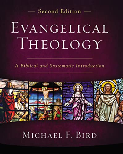 Book cover: “Evangelical Theology” with stained glass imagery of Jesus.