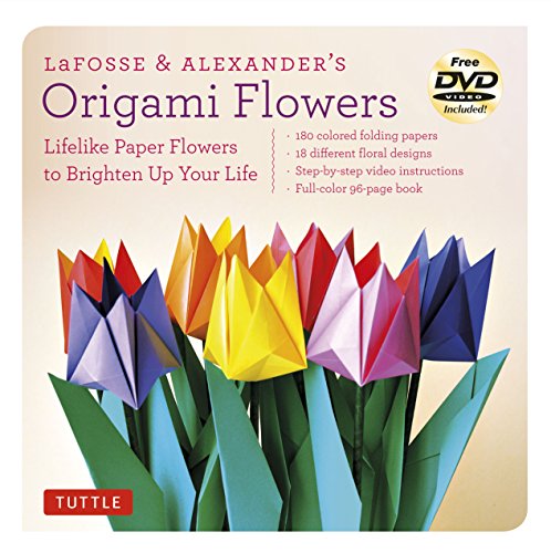 Origami Flowers kit cover with colorful paper tulip bouquet and DVD icon.