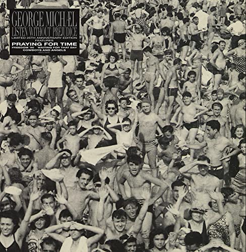 George Michael album cover: black and white crowd photo, text overlay.