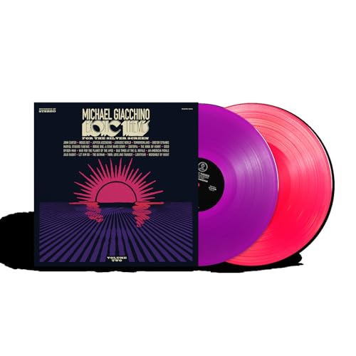 Vinyl record of Michael Giacchino’s “Exotic Themes for the Silver Screen” with pink and purple coloring.