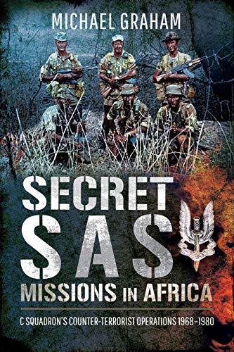 Book cover: soldiers with rifles, title “Secret SAS Missions in Africa”.