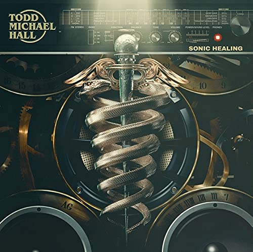 Vinyl album cover: snakes entwined around a sword and vintage radio.