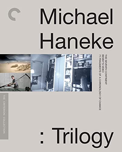 Blu-ray cover for Michael Haneke Trilogy featuring film stills and the Criterion Collection logo.