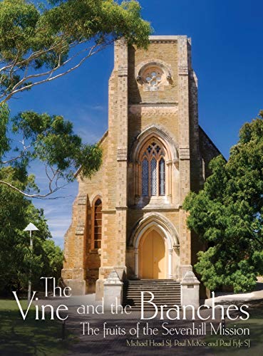 Stone church with a tower, book cover titled “The Vine and the Branches.”