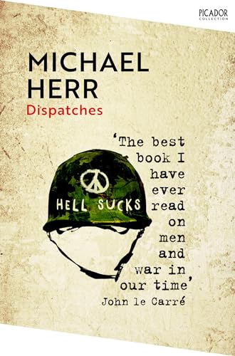 Book cover: "Dispatches" by Michael Herr, featuring a helmet with a peace symbol.