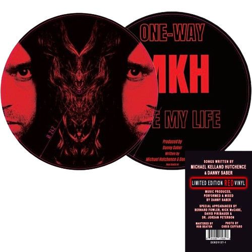 Two sides of a red and black Michael Hutchence picture disc vinyl record.