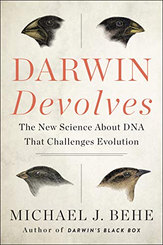 Book cover with bird heads and large red text: "Darwin Devolves.
