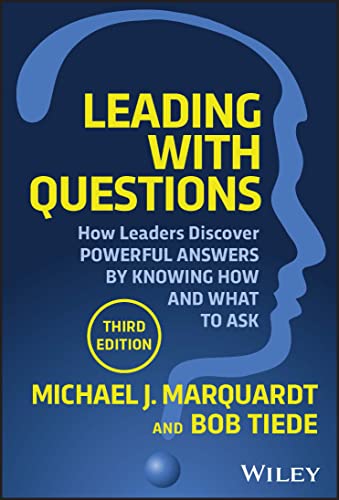 Book cover: "Leading with Questions" 3rd Edition, blue with a head silhouette.