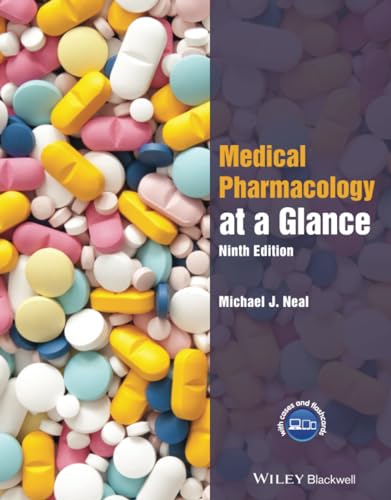 Book cover for Medical Pharmacology at a Glance showing a background of colorful pills.