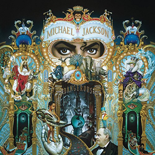 Michael Jackson's "Dangerous" album cover with ornate imagery and eyes.
