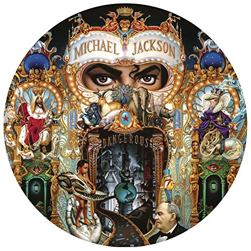 Michael Jackson's "Dangerous" vinyl record cover with ornate, colorful imagery.