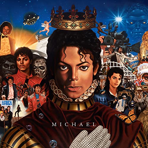Michael Jackson album cover featuring multiple images of the artist and surreal imagery.