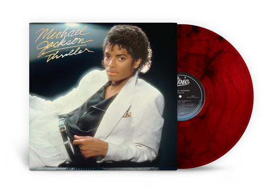 ThrillerSH Michael Jackson ThrLHHH Thriller album cover next to a red marble vinyl record.