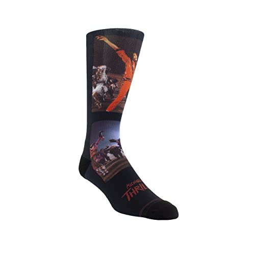 Black crew sock featuring Michael Jackson in his Thriller outfit and the Thriller logo.