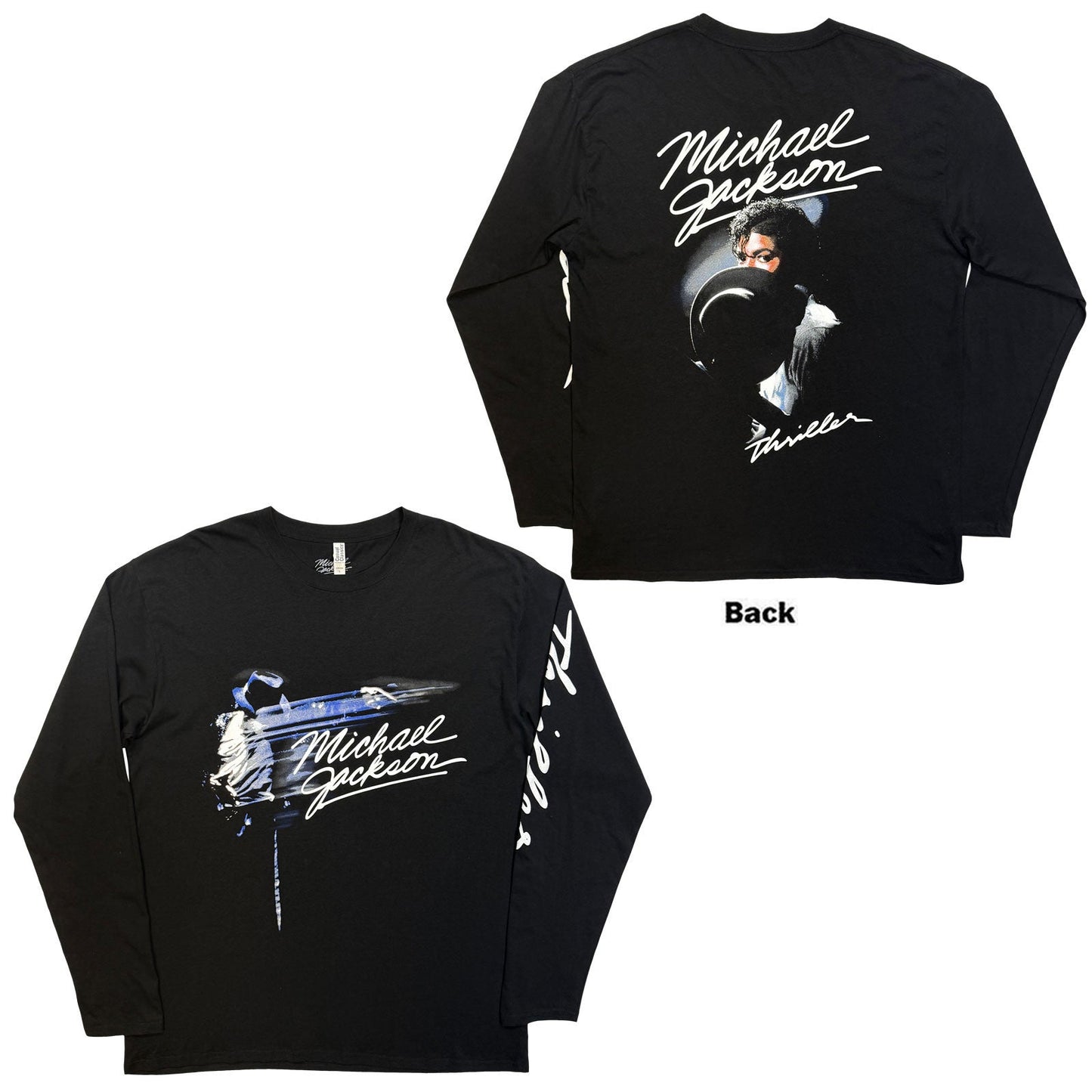 Black long-sleeve t-shirt featuring a Michael Jackson graphic and Thriller text on the sleeve.