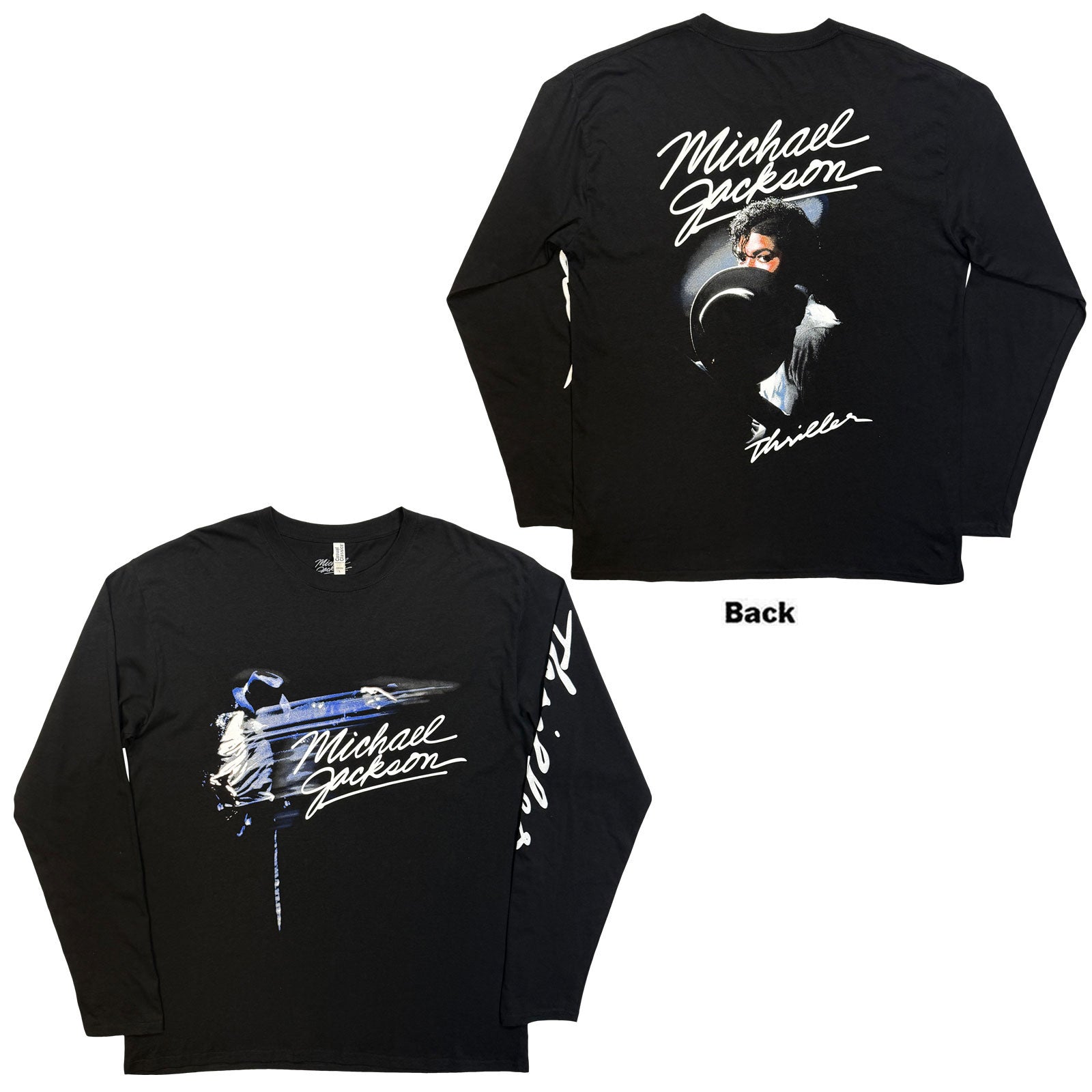 Black long-sleeve t-shirt featuring a Michael Jackson graphic and Thriller text on the sleeve.