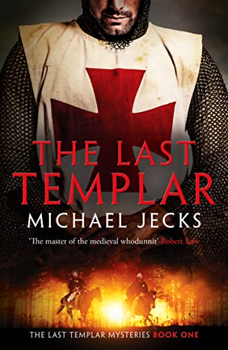 Book cover: Templar knight in armor, red cross, fiery horseback scene.
