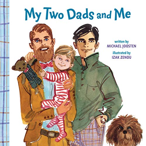 Book cover: a child held by two men and a dog.