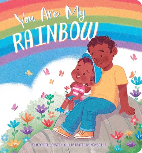 Book cover: father and child sit beneath a colorful rainbow.
