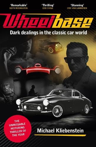 Book cover for “Wheelbase” featuring classic cars and shadowy figures.