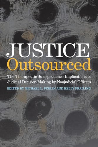 Book cover with white text: "Justice Outsourced" on a marbled background.