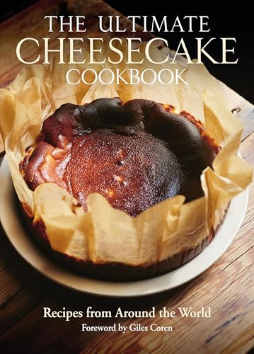 Cheesecake cookbook cover with a burnt Basque cheesecake on a wooden surface.