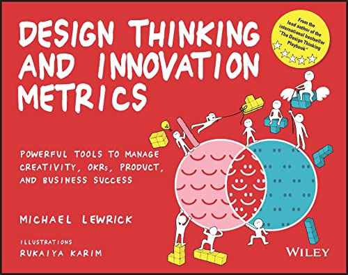 Red book cover with stick figures pushing colorful blocks, titled “Design Thinking and Innovation Metrics.”