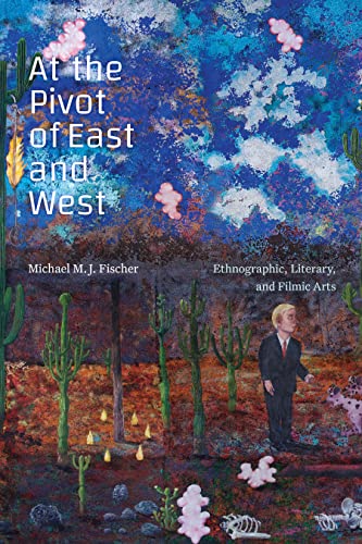 Book cover with desert landscape, a man in a suit, and pink flowers.