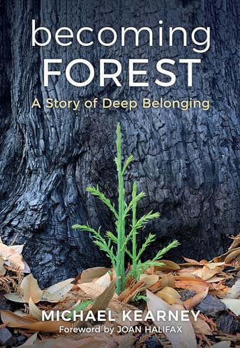Book cover: green plant growing from leaf litter before a dark tree.