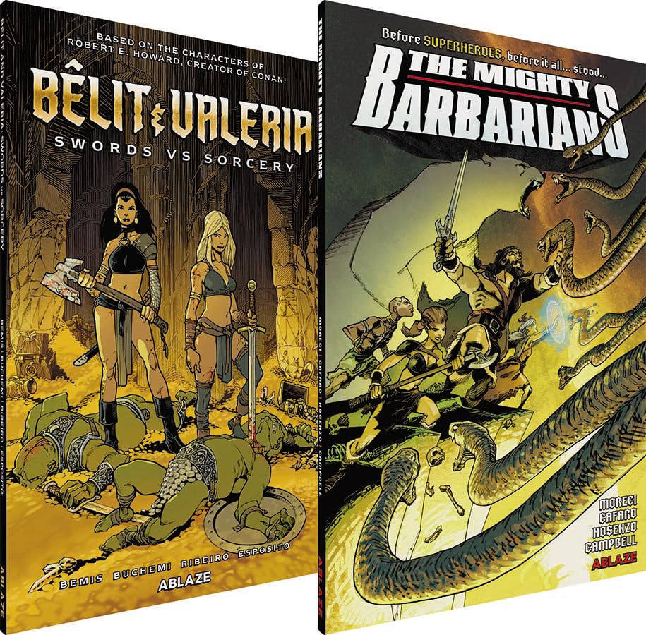 Two sword-and-sorcery graphic novels featuring characters with swords fighting monsters.