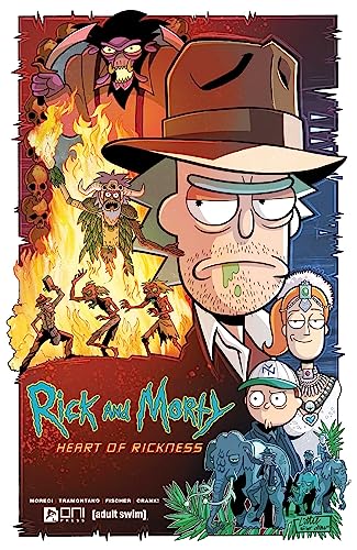 Rick and Morty comic book cover with Rick in a hat and fiery scenes.