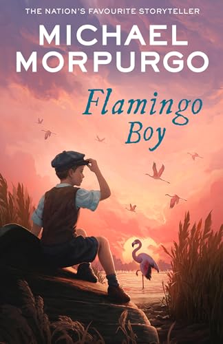 Book cover: boy with flamingos at sunset, titled "Flamingo Boy".