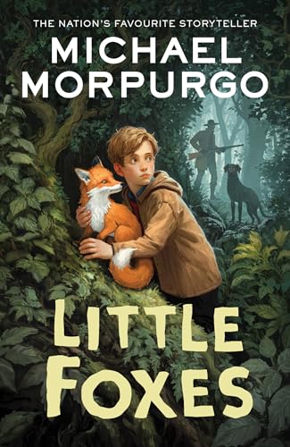 Book cover: boy embracing a fox, hunters in the distant woods.