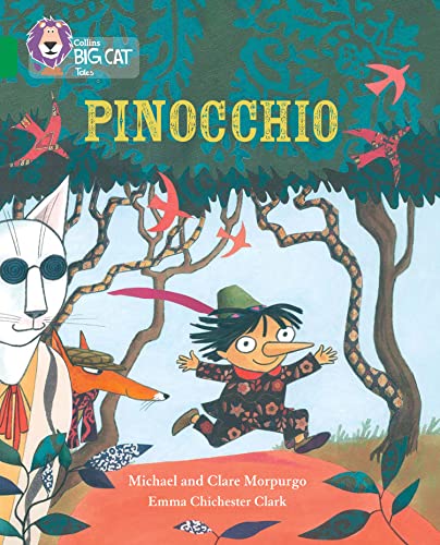 Book cover of "Pinocchio" depicting the puppet running from a cat and fox.