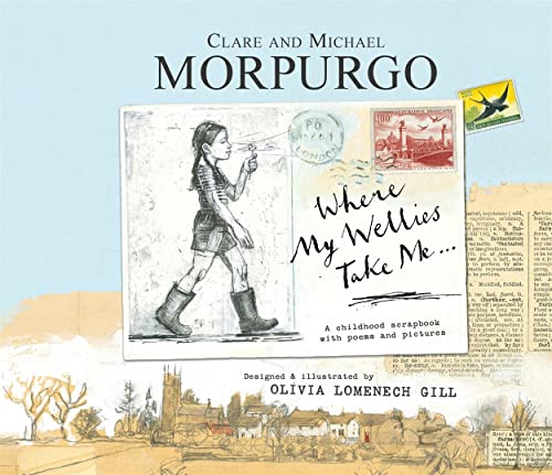 Book cover: girl blowing bubbles, collage of stamps and village scene.
