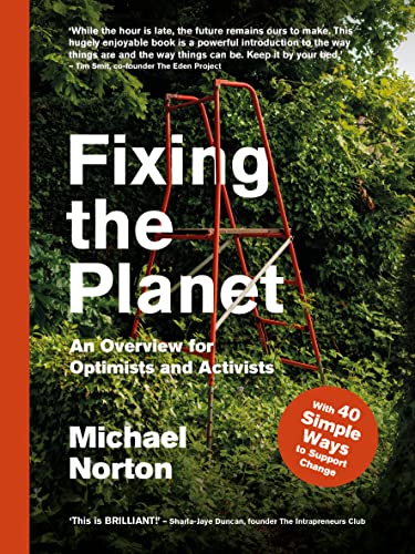 Book cover: "Fixing the Planet" with green foliage and a red climbing frame.